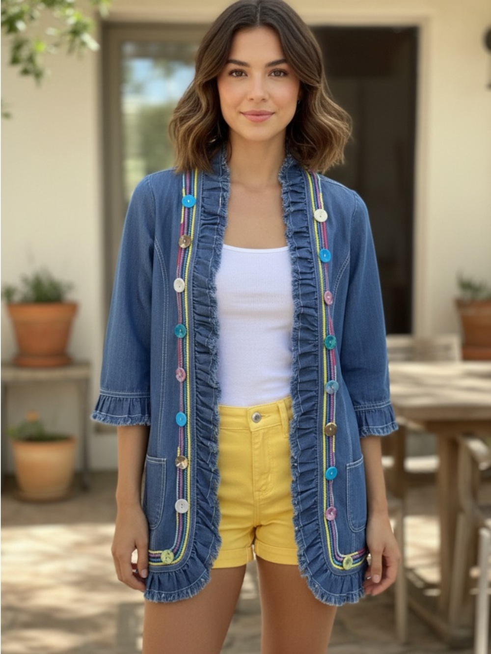 Vintage Blue Chambray Multicolor Button Cardigan
